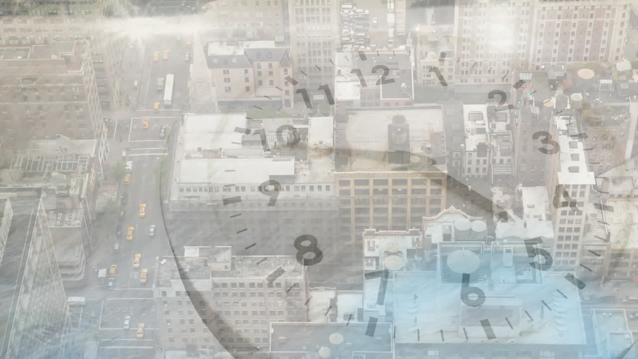 Clock face animation over aerial view of city buildings and streets