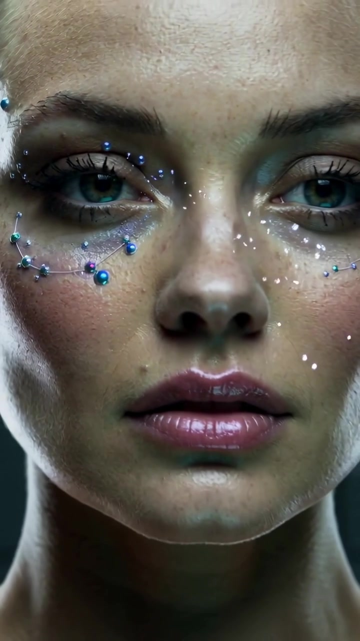 Vertical video: Pulling back camera showing model blinking, lips parting on set to show eye beads