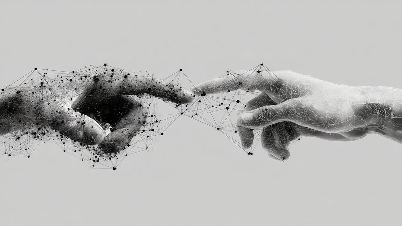 A Conceptual Representation of Connection Between Humanity and Technology: An Abstract Visual of Two Hands Touching, Merging Organic and Digital Elements in a Futuristic Style