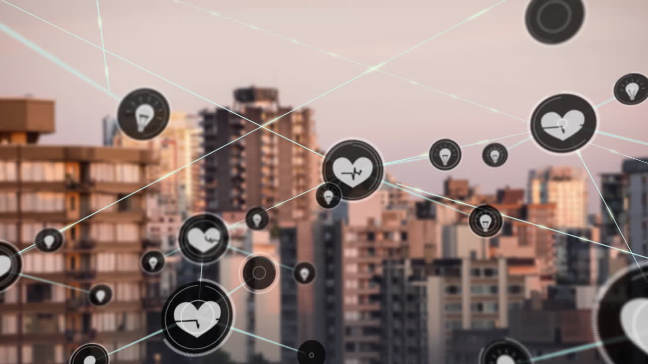 고층 건물의 공중 전망에 대한 디지털 아이콘 네트워크의 애니메이션