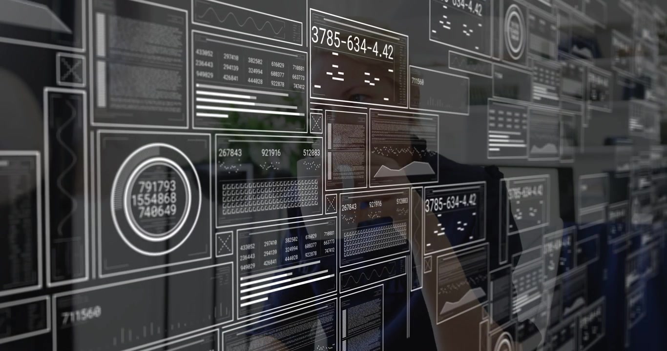 Interface appearing, mature woman reaching tiles, panels shifting and updating for data review
