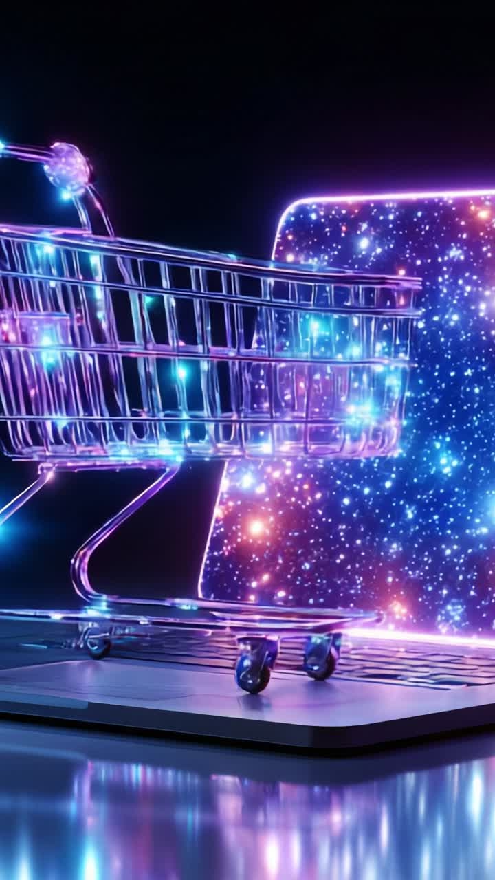 A Cosmic Shopping Experience: A Futuristic Shopping Cart Moves From a Digital Screen Beam into the Galaxy of Stars, Combining E-Commerce With Cosmic Wonder