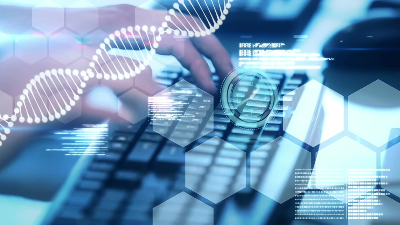 Animation of dna strand and data processing and over woman using keyboard
