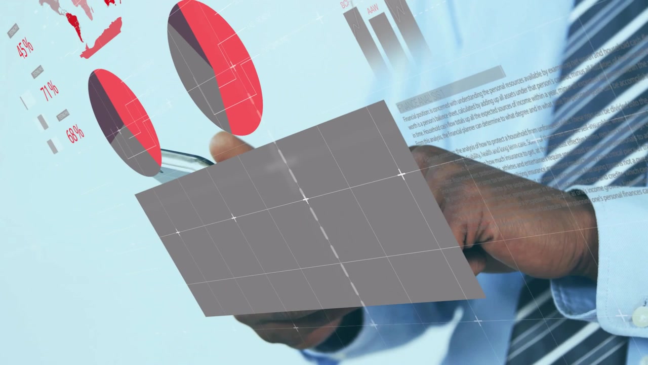 Businessman tapping smartphone and revealing AR finance dashboard with refining bar charts and map