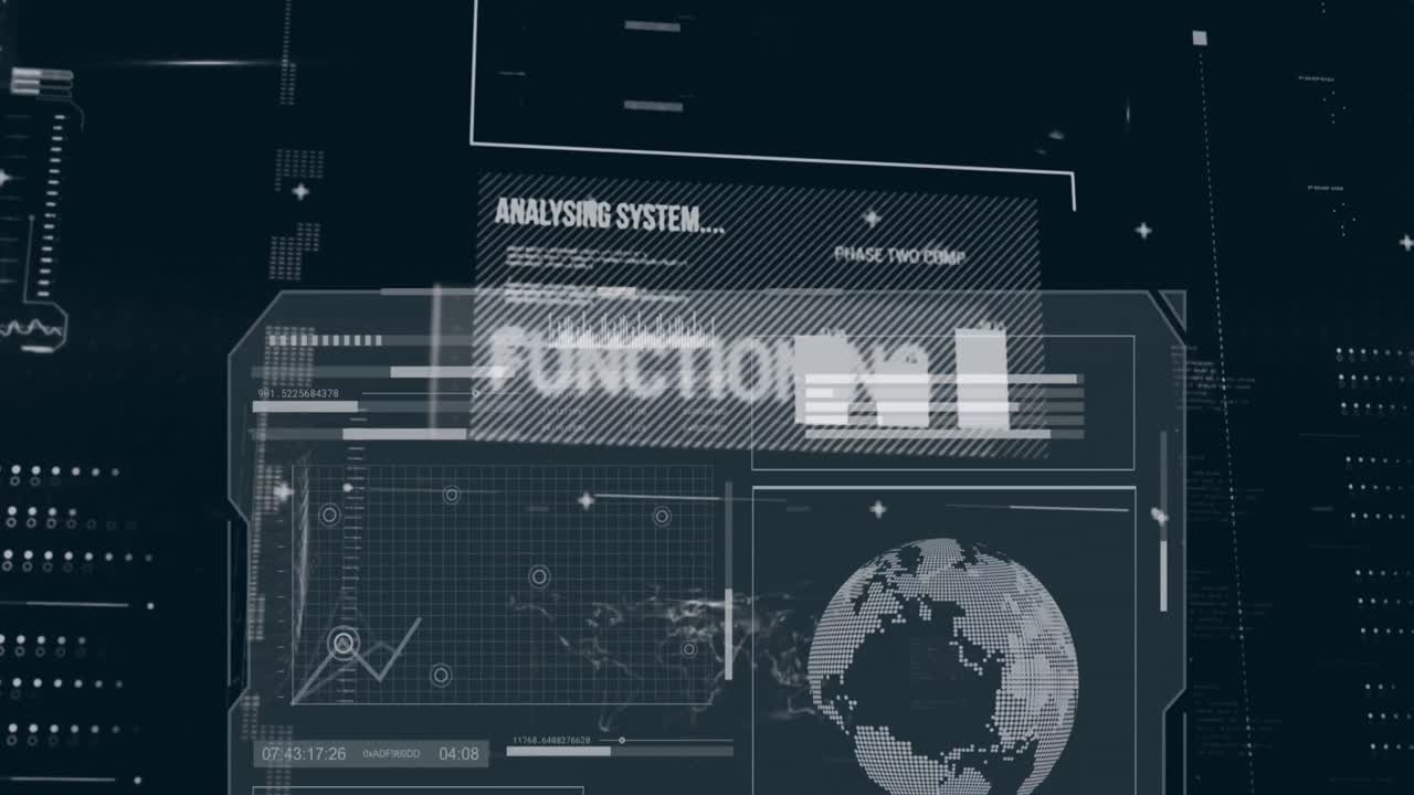 Animation of multiple graphs, globes, text, map and loading bars over black background