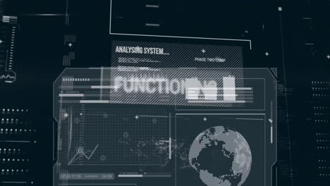 animation of multiple graphs, globes, text, map and loading bars over black background