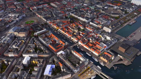 high aerial shot over nyhavn in the sunlight