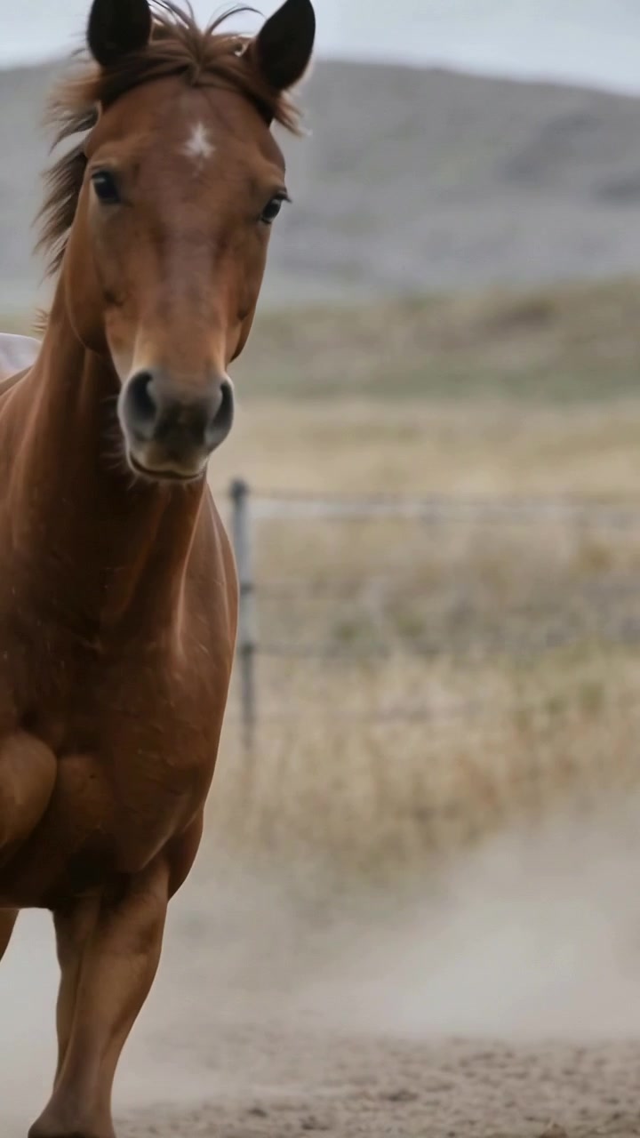 Video verticale: Cavallo marrone al galoppo che entra da sinistra, passando davanti alla telecamera in un campo polveroso vicino a un recinto di filo spinato