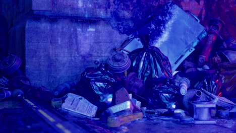 a pile of garbage bags and junk in a dark alleyway lit by blue light