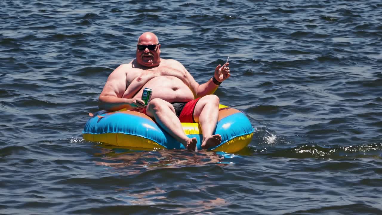 부풀어올릴 수 있는 튜브 에서 휴식을 취 하는 남자