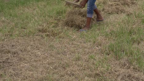 Teenage-boy-trying-to-mow-dead-overgrown-grass-in-a-meadow-with-a-powerful-petrol-string-trimmer---brush-cutter