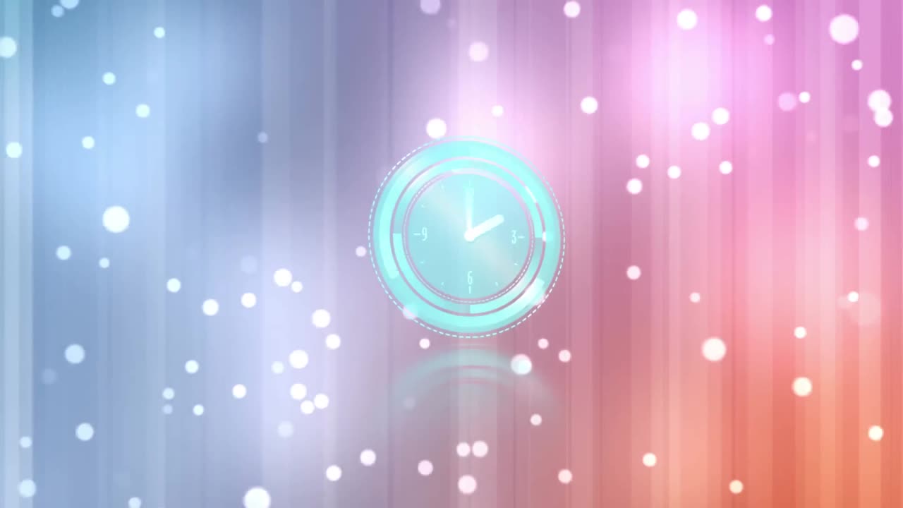 네온 녹색 디지털 시계 티킹과 파란색과 분홍색 그라디엔트 줄무 ⁇  배경에  ⁇  반점이 있습니다.