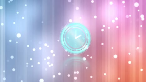 Neon-green-digital-clock-ticking-and-white-spots-against-blue-and-pink-gradient-striped-background