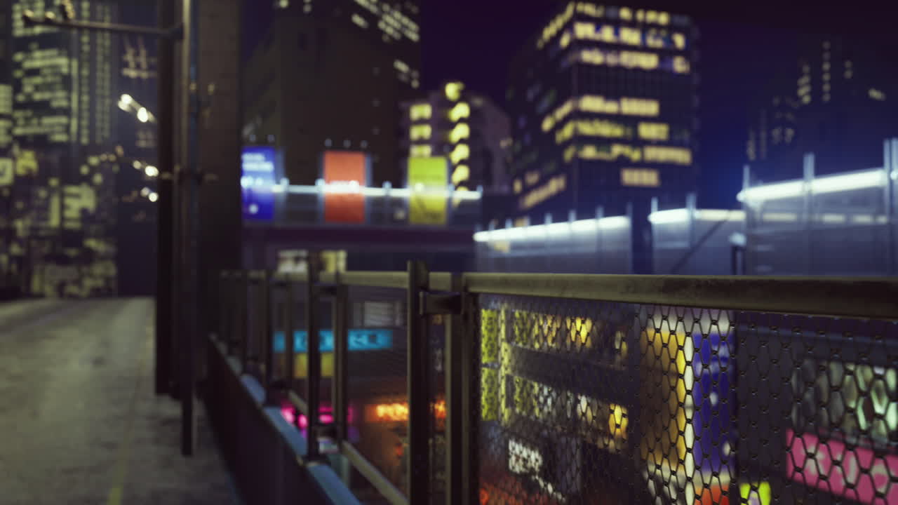 City skyline view with vibrant lights and urban architecture at night