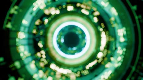 Bokeh-blur-colorful-glowing-green-and-yellow-space-jump-gate-corridor-flythrough---futuristic-cyber-neon-circles-seamless-looping-animation