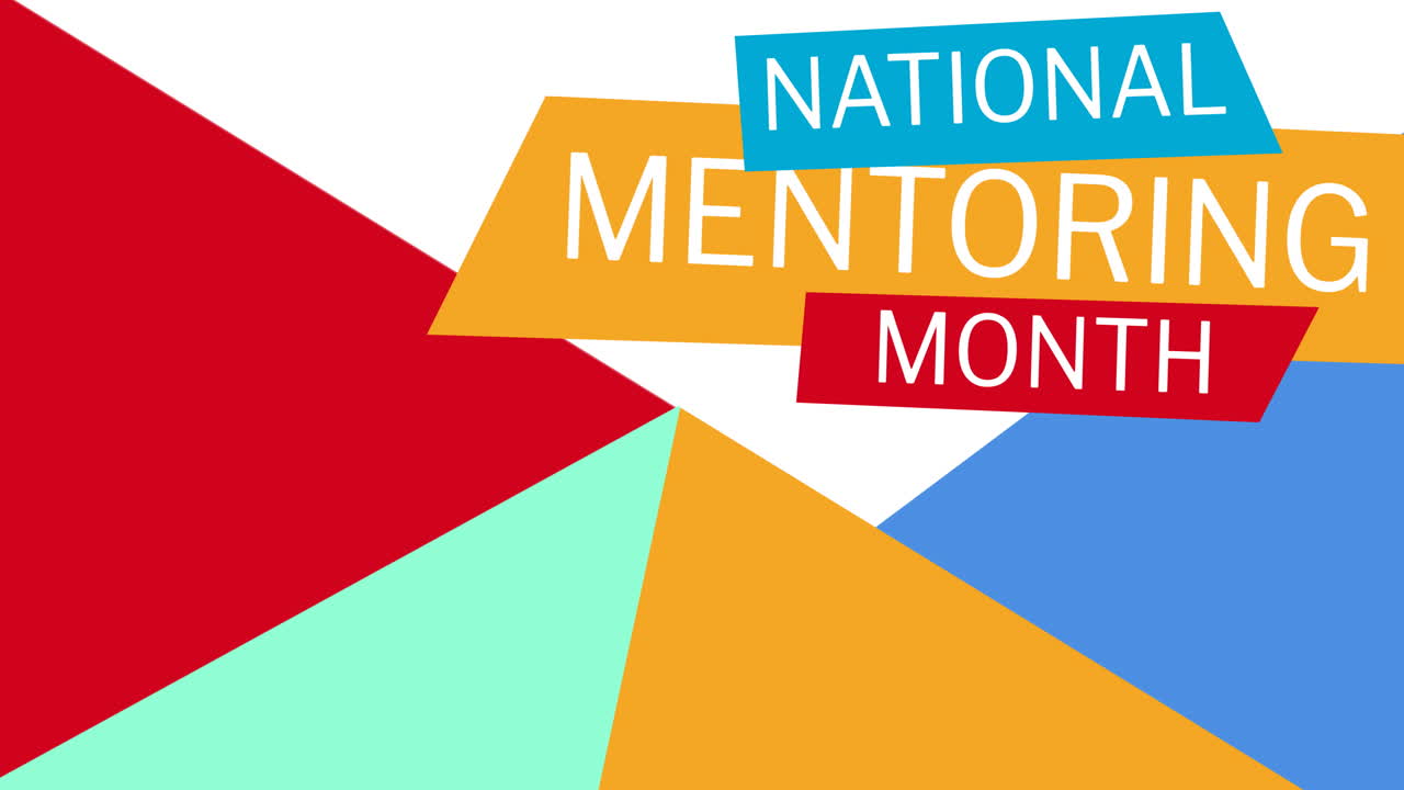 Animation of national mentoring month text over colourful shapes on white background
