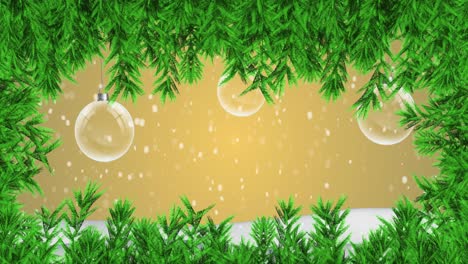 Animation-Von-Schnee,-Der-über-Weihnachtsdekoration-Mit-Kugeln-Fällt