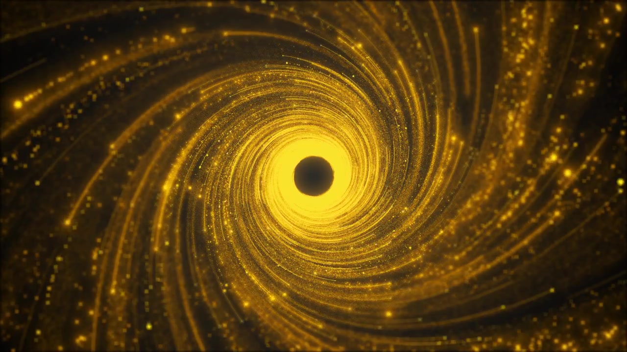 Sfondo di particelle a vortice dorato, anelli a spirale luminosi, centro scuro e spazio cinematografico di energia e profondità