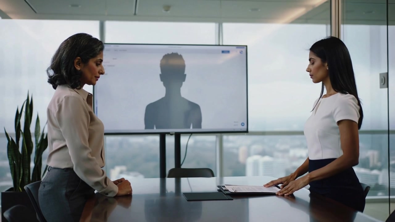 Leaning senior woman in blouse handing folder to peer in glass office, aligning papers for review