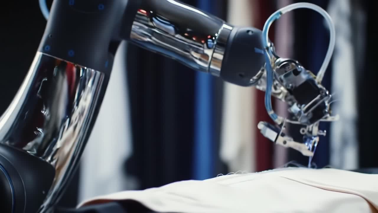A Sleek Robotic Arm Positioned Over a Fabric Surface, Showcasing Precision and Technology in an Innovative Clothing Environment
