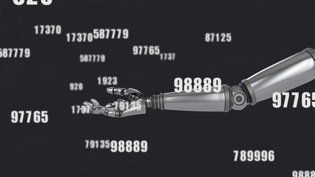 Animation of numbers changing over robot's arm on black background