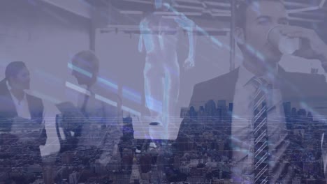 composite video of human body model running over caucasian businessman drinking coffee