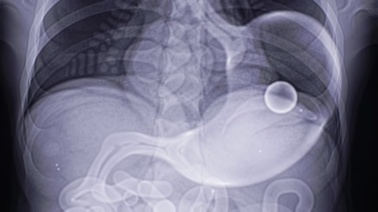 A detailed analysis is conducted on an abdominal x-ray showing unexpected objects within the patient's digestive system.