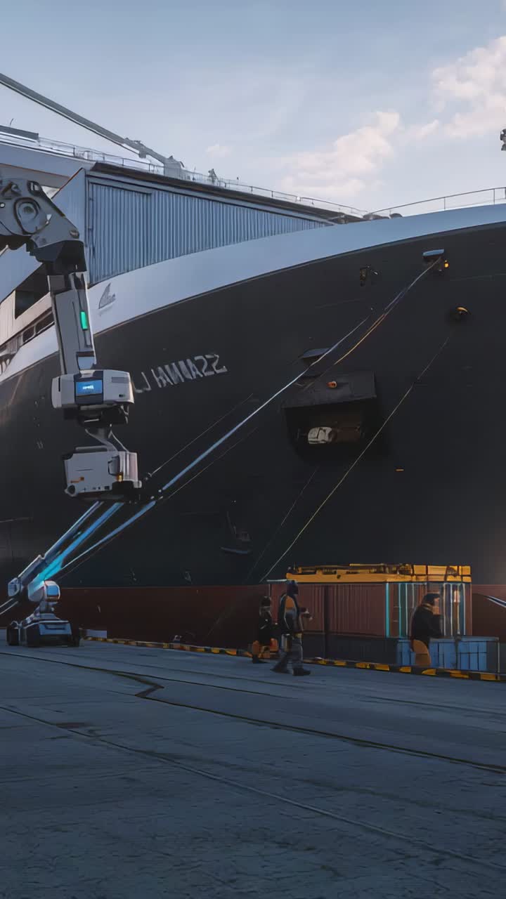 Vertical video: Crane activating, boom extending to moored bow while workers in vests walking quay