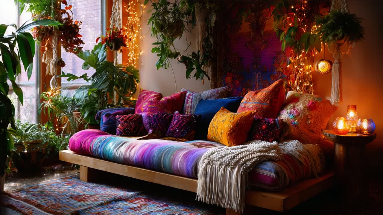 A Cozy, Vibrant Living Space Filled with Colorful Pillows, Lush Plants, and Fairy Lights Creating a Warm, Inviting Atmosphere for Relaxation and Comfort