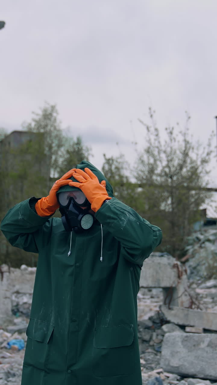 Im shocked. Ecologist in safety suit touching to his head on ruined building background. Person in gas mask and protective clothes stands in dangerous place after chemical attack. Vertical video