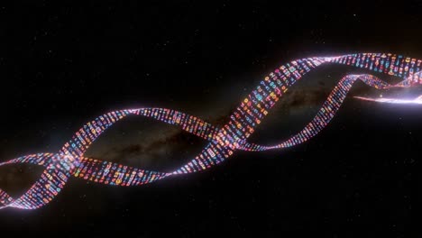a captivating visualization of dna structures in cosmic space, showcasing the beauty of genetic code intertwined with galaxies and nebulae