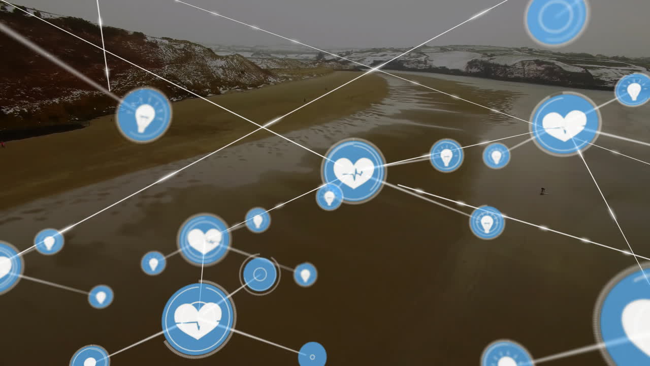 건강 아이콘 및 연결 네트워크 - 해변 풍경에 대한 애니메이션