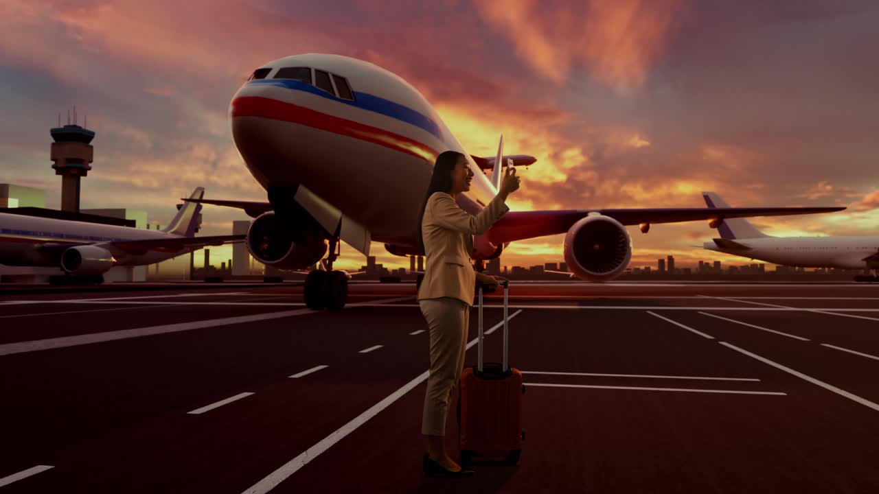 Inquadratura completa da dietro di una donna d'affari asiatica con una valigia a rotelle mentre sale su un jet privato al tramonto. Saluta con la mano durante una videochiamata sul suo smartphone, in un aeroporto con un aereo.