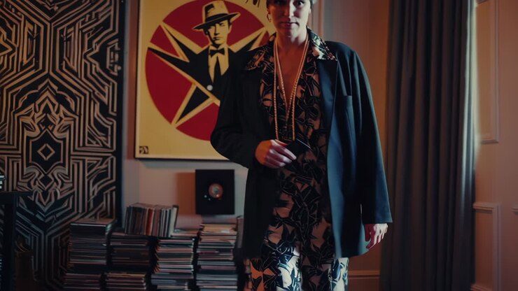 Modeportræt fra 1920'erne i et art deco-interiør