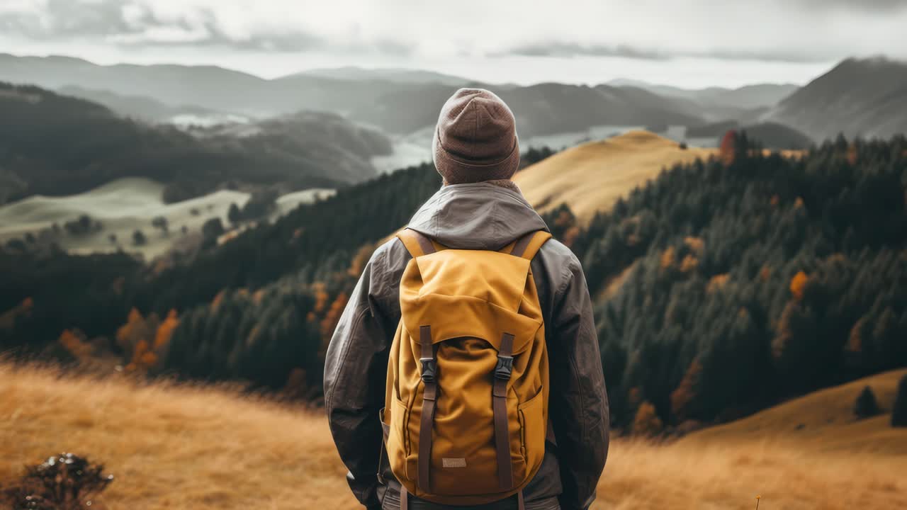 A traveler with a yellow backpack gazes at rolling hills and forests