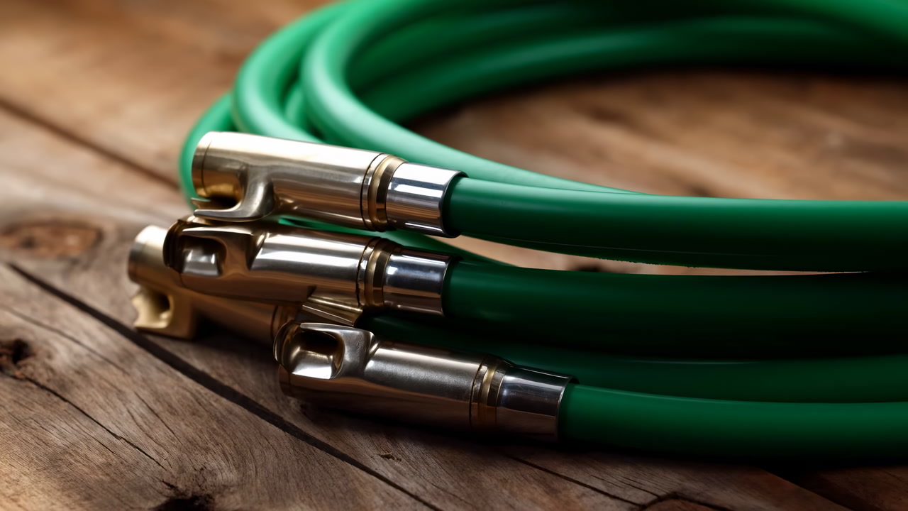 Green Instrument Cables Coiled On Wood, Metal Plugs Resting On Rustic Tabletop, Shallow Depth Of Field, Warm