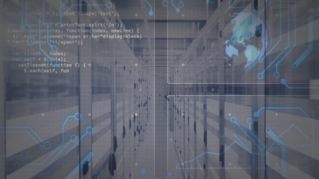 Data processing animation over server room with digital world map overlay