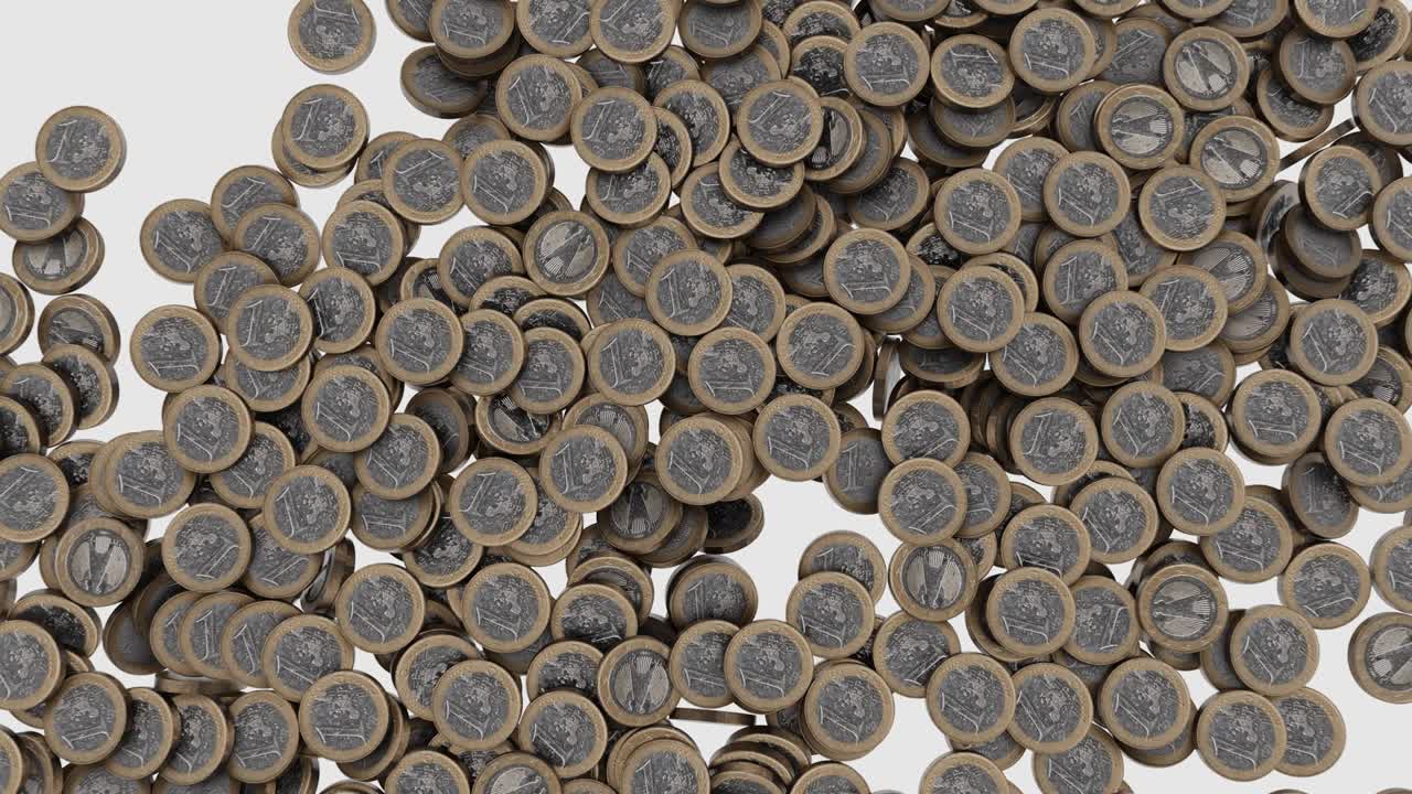 una moneda de euro cayendo hacia la cámara y aterrizando en un plano invisible. la cámara hace zoom lentamente hacia afuera. fondo blanco