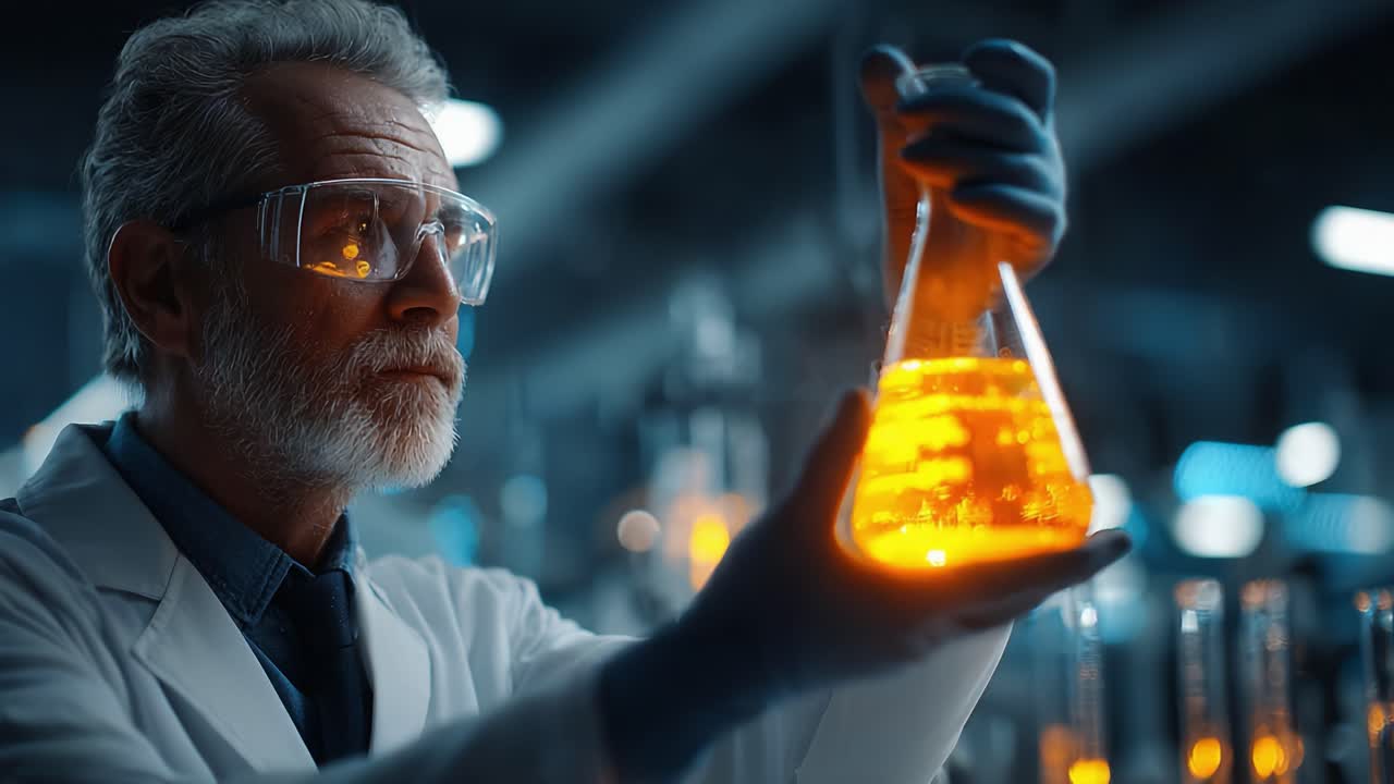 A dedicated scientist examines a glowing orange solution in a laboratory, showcasing the passion for research and the excitement of scientific discoveries in a modern workspace