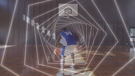 Animation-Von-Sich-Drehenden-Sechsecken-über-Einem-Basketballspieler-Mit-Ball