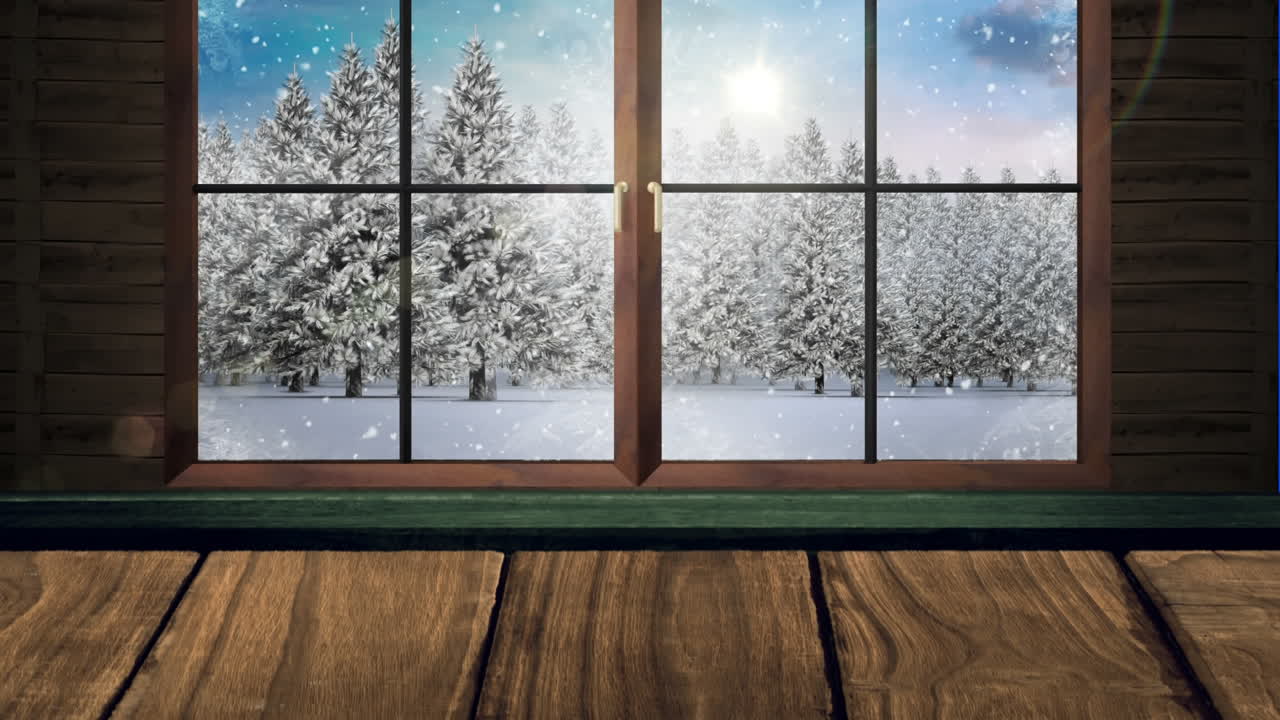 Animation af vinter-julelandskab med sne, der falder over træer og solskin