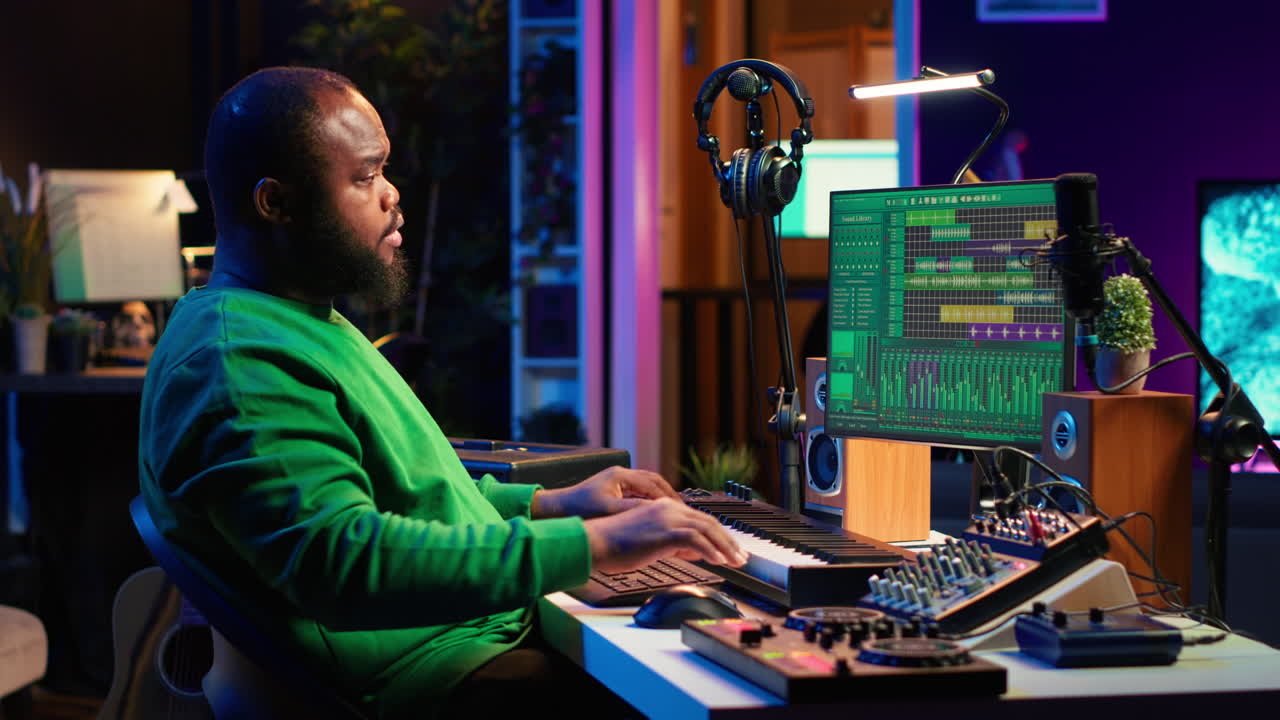 artista tocando notas de teclado de piano electrónico y grabando archivos de audio