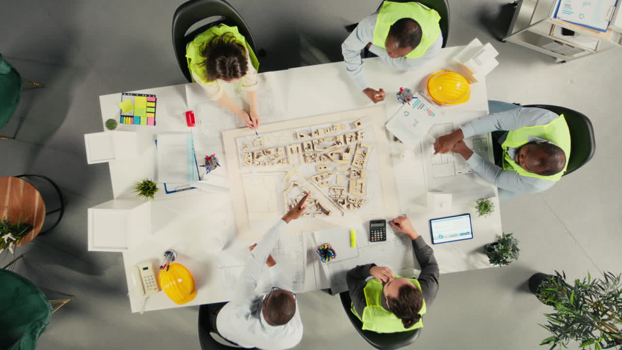 Vertical Video Top down view zoom in of diverse colleagues consulting on a master plan