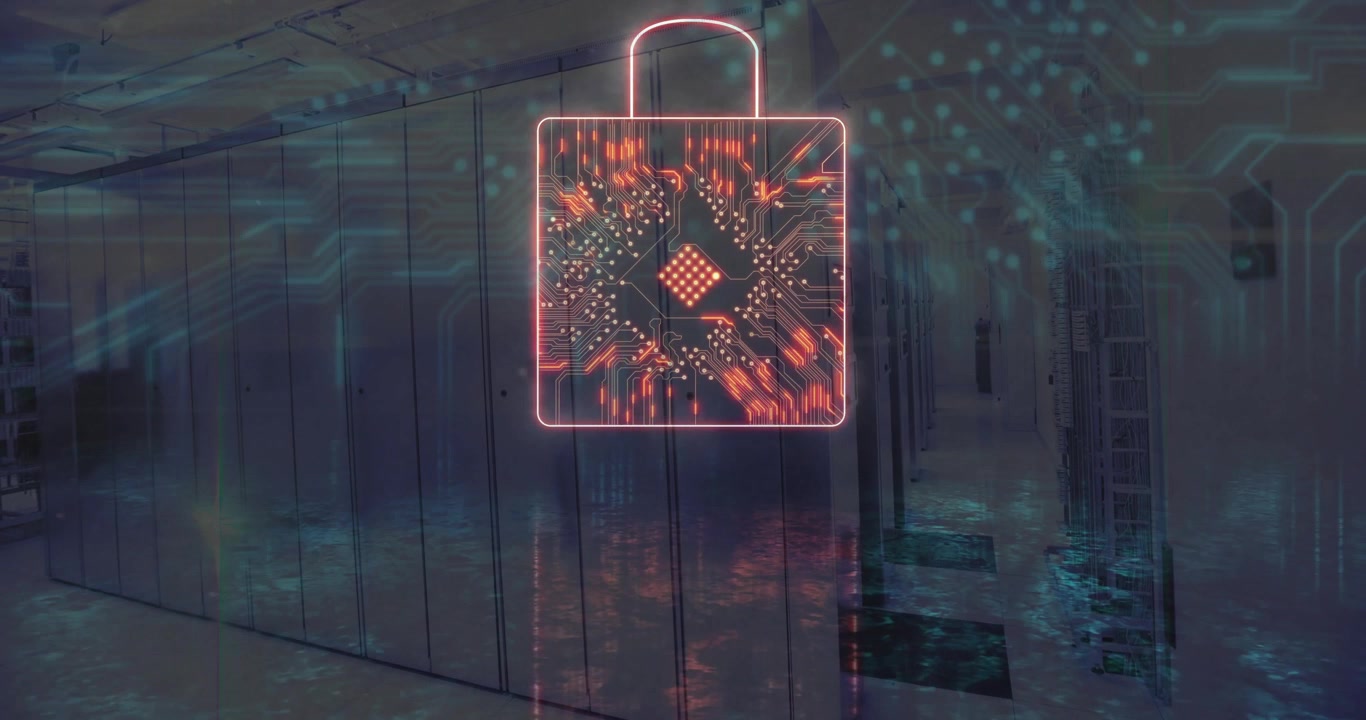 Icona di lucchetto al neon che fluttua tra i rack di server in un corridoio di data center, proiettando riflessi di circuiti