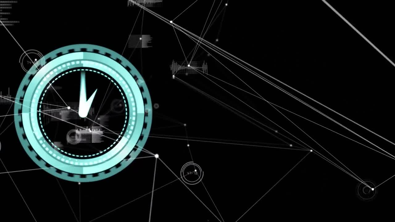 Animazione di orologio che scorre velocemente ed elaborazione dati su schermo digitale