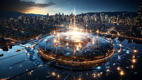 night view of a futuristic city with a glowing circular structure