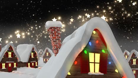 animation of winter scenery with decorated houses on black background