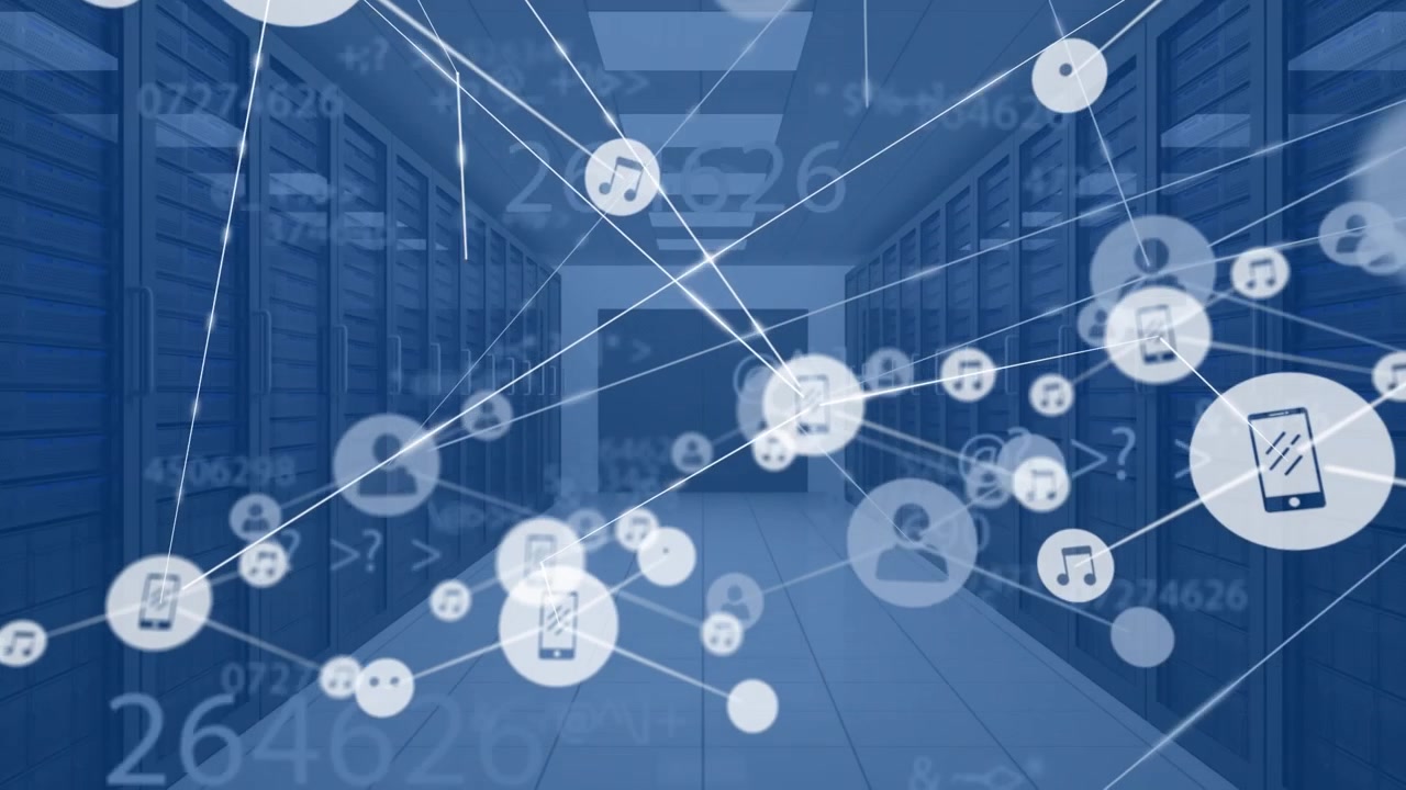 Animation of network of connections with digital icons and numbers over computer servers