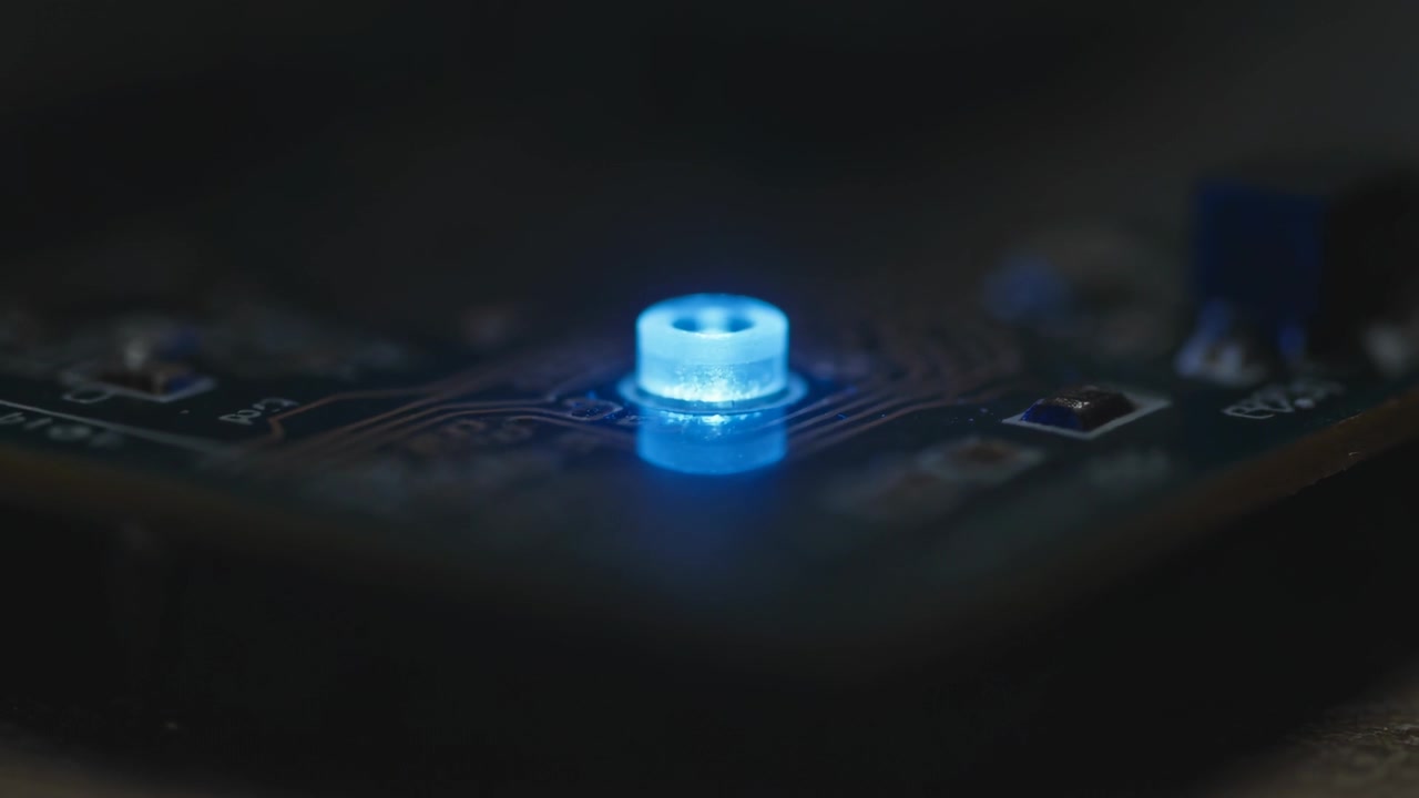 Emitting small cylindrical blue LED powering and brightening on dark bench, with PCB reflection