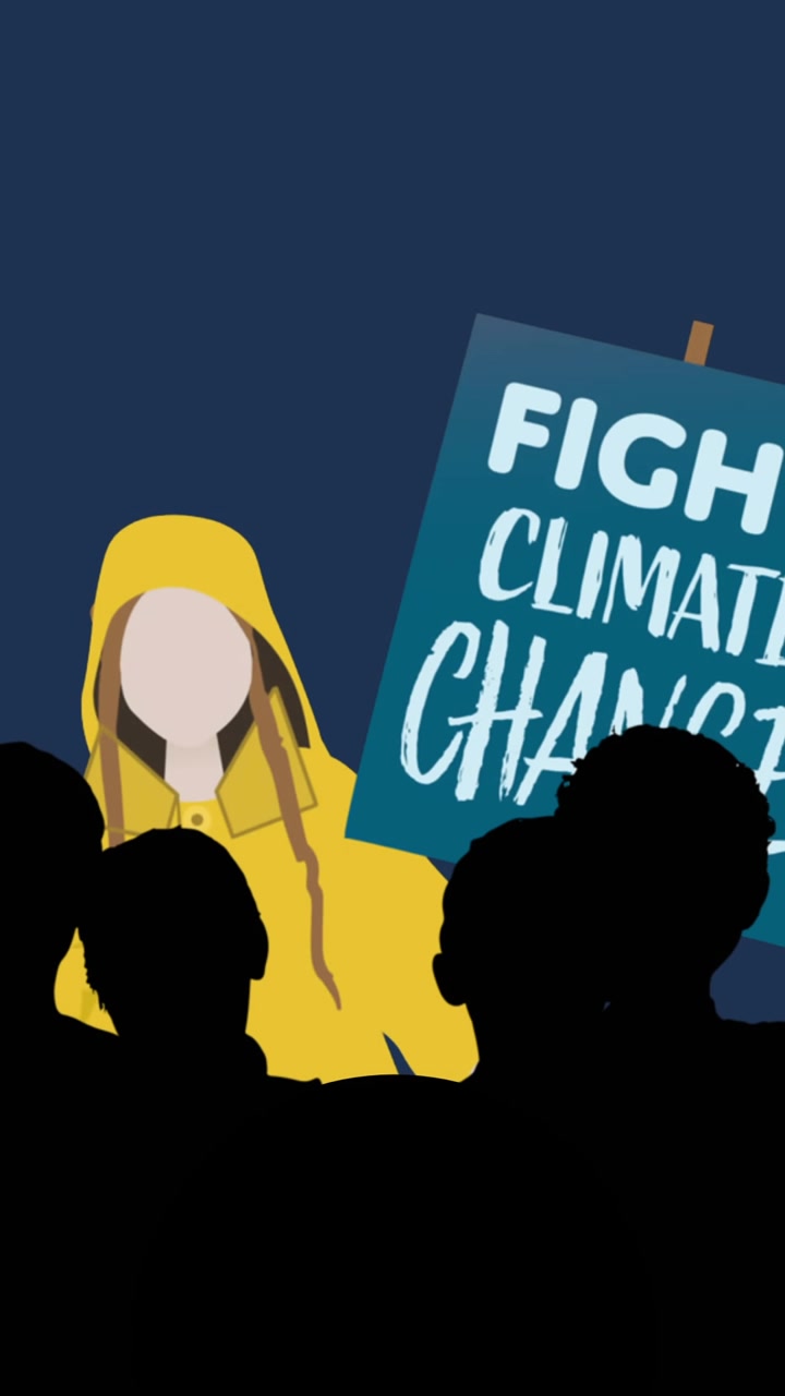 Animation of woman and people protesting with banner against climate change